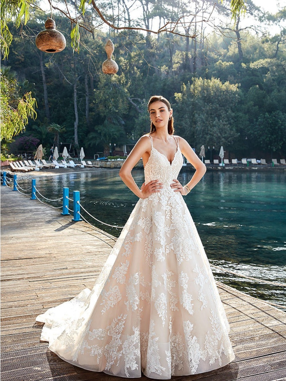 Eddy K Nadia Elegant Lace A-Line Wedding Dress with Straps - Ivory/Champagne